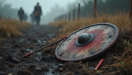 Obraz premium Abandoned wooden shield lies on muddy ground near a dirt path. A broken arrow rests beside it. Figures on horseback ride through misty background. Signs of combat and struggle are visible.