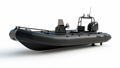 Naklejka premium Black rigid inflatable boat with motor rests on white studio backdrop. Nautical watercraft offers speed and adventure for marine travel and recreation.