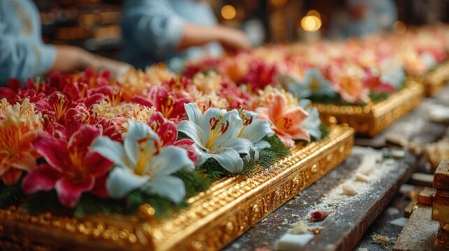 Careful floral decor preparation for Orthodox altar and sanctuary.