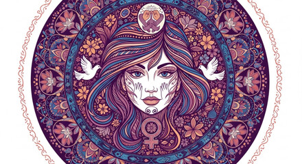Vibrant illustration of a woman's face with colorful hair and flowers in a psychedelic mandala design for bohemian and spiritual concepts