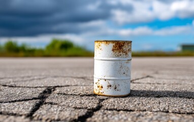 Naklejka premium Rusty Motor Oil Can on Cracked Asphalt Surface