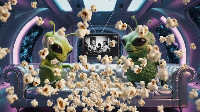 Two green aliens sit on a silver sofa in a spaceship as popcorn explodes from a retro television. Vibrant neon lighting illuminates the 3D animated characters and futuristic interior.