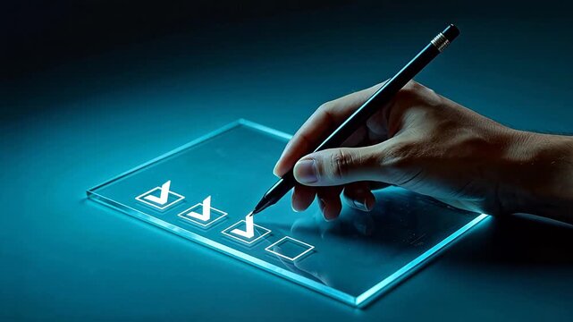 Hand holding pencil marking checkboxes on glowing digital tablet futuristic technology interface business decision making checklist approval process modern innovation concept blue