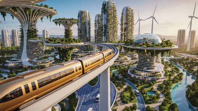 Futuristic monorail travels through a green city with eco-friendly architecture. Bright, natural lighting enhances the detailed and photorealistic rendering of the cityscape.