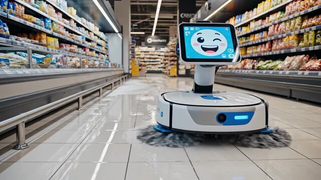 Robot cleaner with a digital smiling face mops a grocery store aisle. Bright, clean lighting reflects off the polished tile floor, highlighting the robot's smooth surfaces.