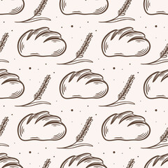 Fresh bread and ears of wheat seamless pattern. Vintage bakery background. Engraved silhouette of bread loaves print for product packaging and design, vector graphics
