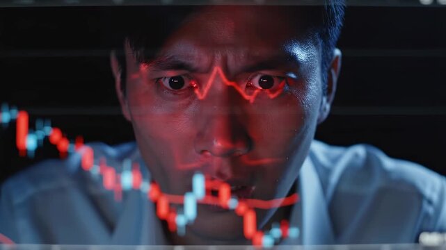 Trader's face reflects a falling stock market chart. Red light from the screen illuminates his stressed expression in a dark room.