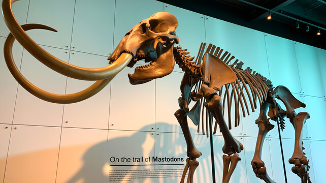 Fossilized mammoth skeleton on display in a modern museum exhibit with professional industrial lighting