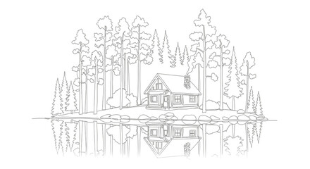Fototapeta premium Cozy Cabin Reflection in Calm Lake Surrounded by Pine Forest, Black and White Outline