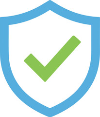 Green checkmark inside a blue shield outline on a white background © Papi