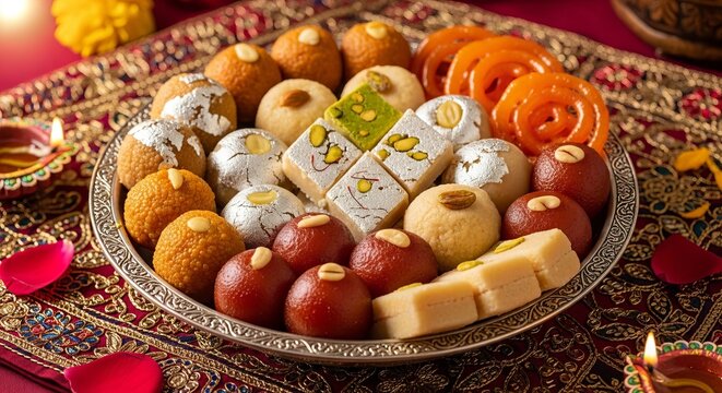 Delicious assortment of colorful Indian sweets and desserts served on a decorative platter during a festival celebration.