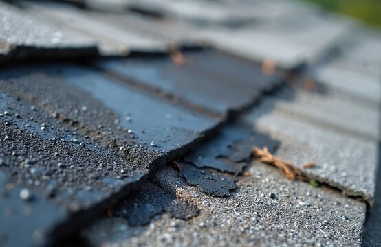 Close up of damaged asphalt roofing shingles. Worn roof surface shows signs of age, wear and tear, with visible patching and granular loss. Exterior construction detail.