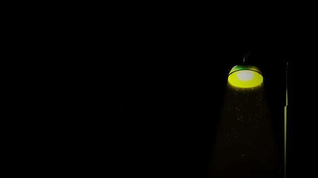 Futuristic street lamp glowing with yellow green light in deep darkness. Atmospheric night scene with particles in the beam, minimal urban lighting concept with copy space.