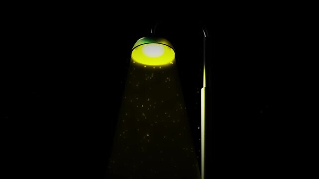 Futuristic street lamp glowing with yellow green light in deep darkness