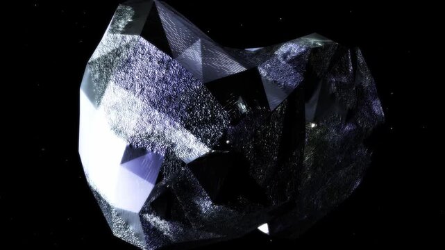 Detailed macro view of faceted crystal asteroid with glossy metallic texture floating in starry space. High contrast futuristic abstract background.