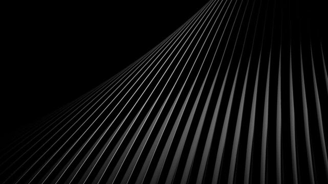 Close up abstract composition of vertical metallic lines fading into darkness creating a rhythmic pattern with strong contrast and minimalist modern aesthetic