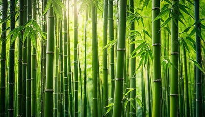 Fototapeta premium Bamboo Stalks Show Green Hues And Smooth Lines Illuminated By Sunlight Revealing Textures And Shadows In A Lush Environment