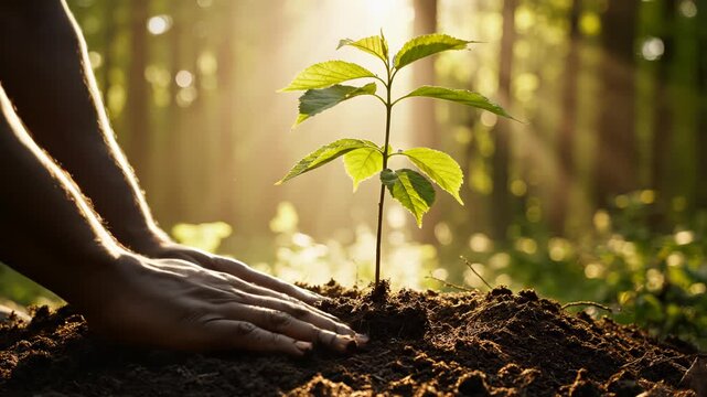 Hand planting tree sapling in soil