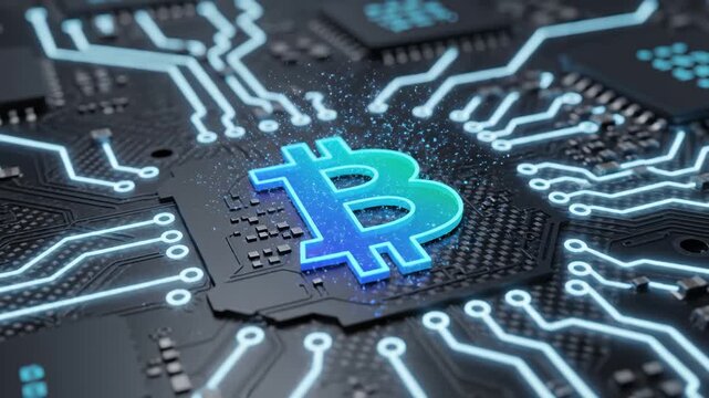 Bitcoin symbol on circuit board