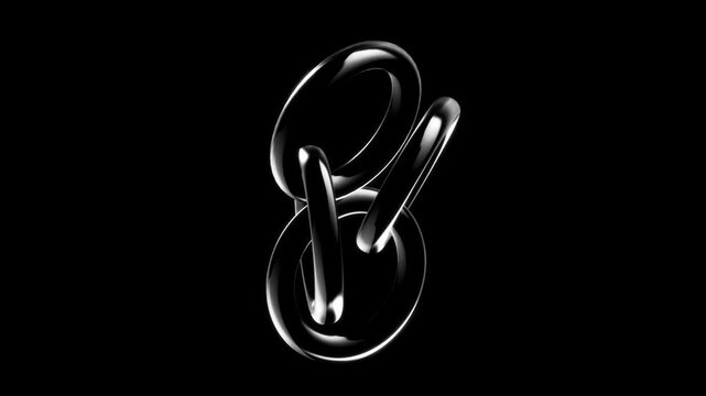 Centered composition of interlocking glossy black metallic rings forming a symmetrical abstract shape on a deep black background with reflective highlights