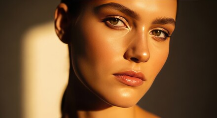 Fototapeta premium Radiant young woman with glowing skin illuminated by warm golden hour sunlight