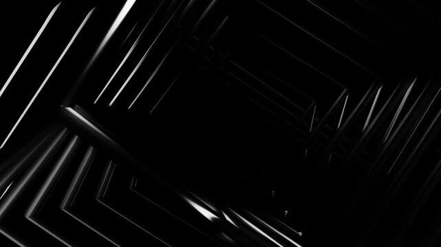 Abstract perspective view of layered linear frames forming tunnel like effect in deep black space with subtle light reflections and futuristic minimal design
