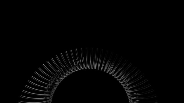 Curved arc composed of numerous thin glossy lines forming dynamic semicircle shape on dark background emphasizing motion rhythm and minimalist futuristic design