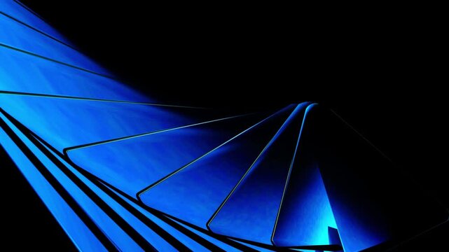 Close up of layered blue illuminated panels extending into depth against a dark background creating a sleek futuristic abstract technology inspired composition