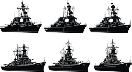 Black warship silhouette collection with naval destroyers and battleship profiles for military marine defense history and maritime tactical vector art icons. © Sirajul