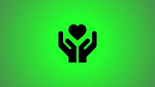 Minimalist hands holding heart icon on green background with 3d rotation and motion effects