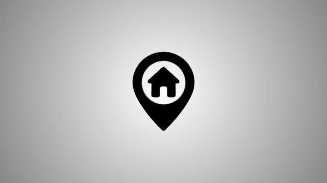 Home location pin icon animation in glossy black 3d rendering on neutral background with motion rotation effect