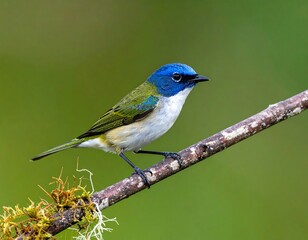 Obraz premium A small bird with blue head and green wings on branch