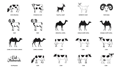 Elegant Eid Mubarak Islamic greeting card with decorative crescent moon and standing goat silhouette traditional Eid al Adha festival vector illustration with lantern and stars © Moriom Aktar Anisa