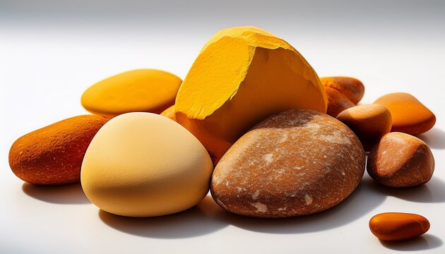 Gelbe Und Ockerfarbene Steine Auf Einer Wei En Oberfl Che Im Freien Liegen Verteilt