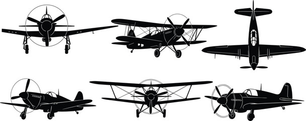 Set of vintage military aircraft silhouettes including biplanes and monoplane fighter jets from world war two era for aviation design and retro graphics © Md Joni Islam
