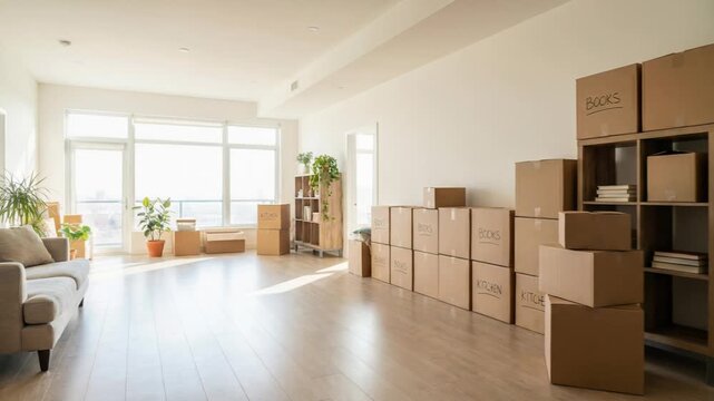 Moving apartment with a bright, empty room and many packed cardboard boxes for relocation.