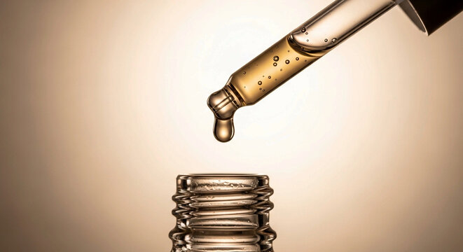  Hydrating Skincare Serum Droplets. Close-up of Beige Cosmetic Dropper Bottle. Golden Organic Elixir for Natural Facial Care Treatment.