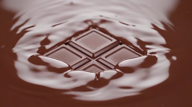 A realistic 3D animation of a chocolate square dropping into melted liquid chocolate from a top-down perspective, creating a splash and ripples.