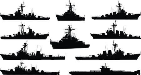 Military warship silhouette set with submarine, naval destroyer icons, battleship vector graphics, marine navy vessel silhouettes, sea power defense elementsMilitary warship silhouette set with  © Mojahid