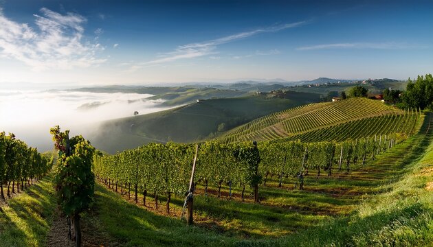 Passphrase Nebbiolo Grape Vineyard On Piedmont Hillside With Morning Fog And Rolling Hills Travel Magazines Destination Branding Designed For Outdoor Magazines And Nature Guides