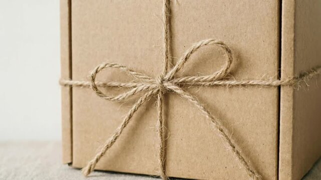 Close-up of a rustic craft paper gift box tied with a twine bow for present, delivery, or simple packaging concept.