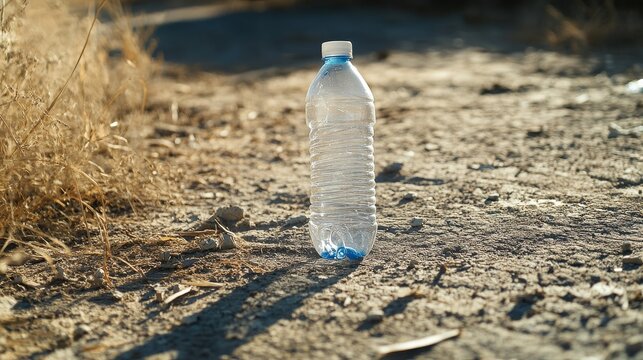 minimalist scene of clear plastic bottle reflecting sunlight on parched ground, windblown debris scattered around isolated trash