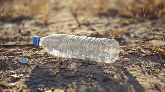 minimalist scene of clear plastic bottle reflecting sunlight on parched ground, windblown debris scattered around isolated trash