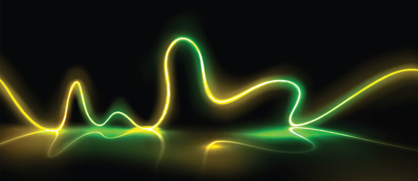 Abstract glowing neon light wave with green and yellow gradient on dark background. Dynamic luminous line creating a futuristic light effect, perfect for technology backgrounds, digital art