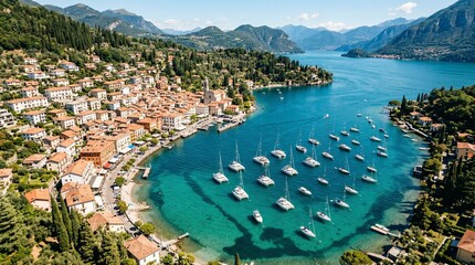 Aerial drone photography of a mediterranean coastal town with red roof buildings and a bay full of white sailing boats and luxury yachts on clear turquoise water in a sunny summer landscape