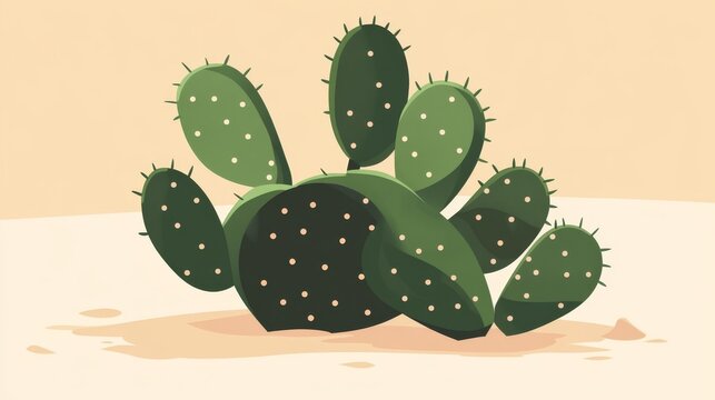flat vector illustration of a stylized green nopal cactus with clean rounded paddles and dotted areoles, centered on beige desert background