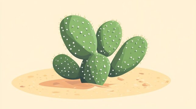flat vector illustration of a stylized green nopal cactus with clean rounded paddles and dotted areoles, centered on beige desert background