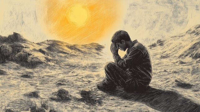sketch-style drawing of young boy collapsed on rocky desert terrain, sun blazing overhead, dry dunes in background, hands clasped in prayer