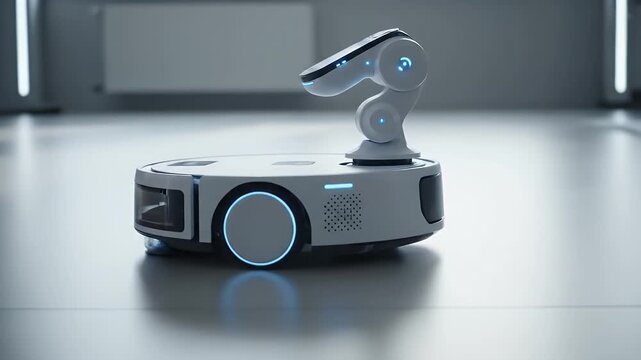 Cutting-edge robotic assistant with integrated smart technology performing tasks in a modern, automated environment
