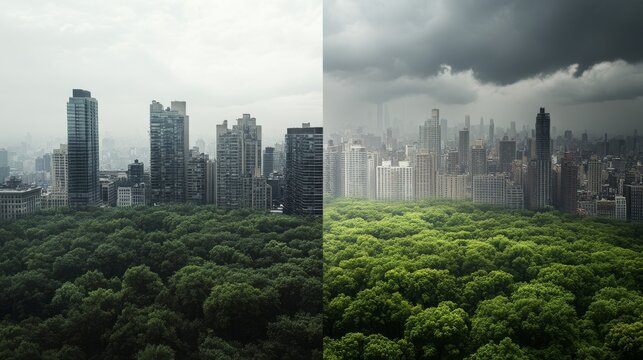 dramatic contrast of lush nature on one side of frame and polluted urban sprawl with gray skies and lifeless trees on the other
